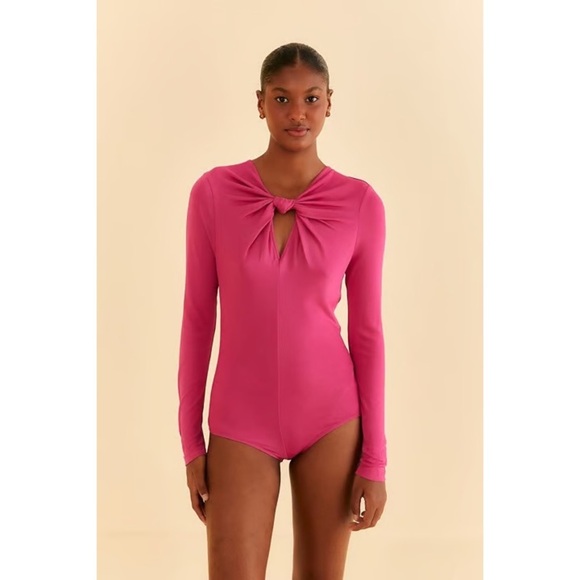 NEW FARM Rio Bright Pink Long Sleeve Twist Front Cut Out Bodysuit - Picture 2 of 13